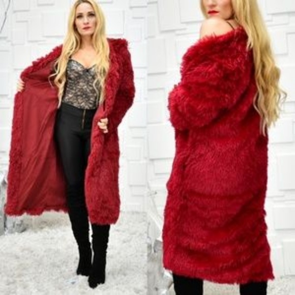 BURGUNDY FAUX FUR COAT - Picture 3 of 4